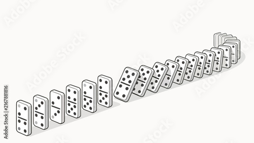 Isolated domino chain reaction sequence showing falling tiles in 3D vector illustration on white background