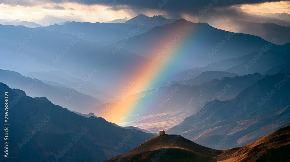 Obraz premium A small house on a mountain hill under a vibrant rainbow and dramatic storm clouds in a vast valley landscape