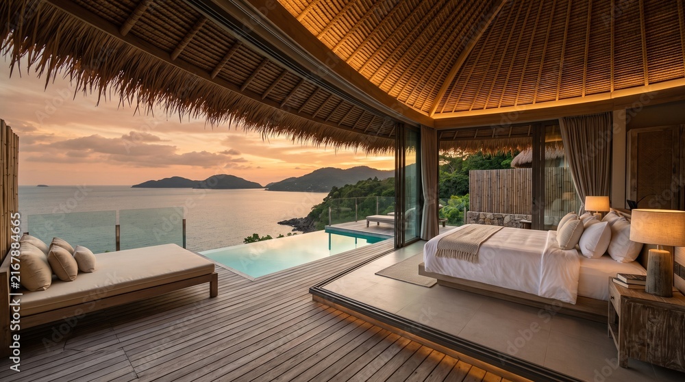 Fototapeta premium Luxury wooden beachfront villa bedroom with infinity pool overlooking tropical ocean sunset