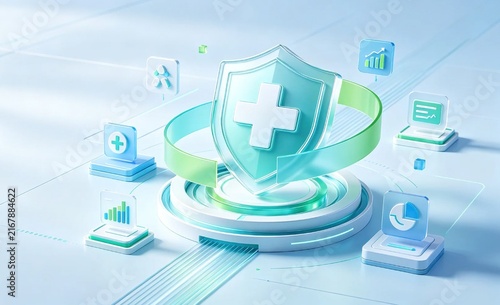 Acrylic frosted glass medical shield with cyan green环绕 ribbon, 3D icons and charts in tech composition