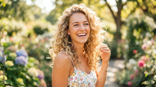Joyful Woman Celebrating Outdoors in Blooming Garden.