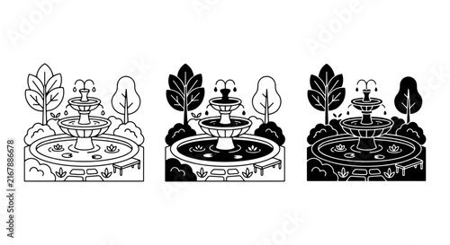 Garden Fountain Icons: Water Feature Vector Set, Landscape Design Elements, Outdoor Decor