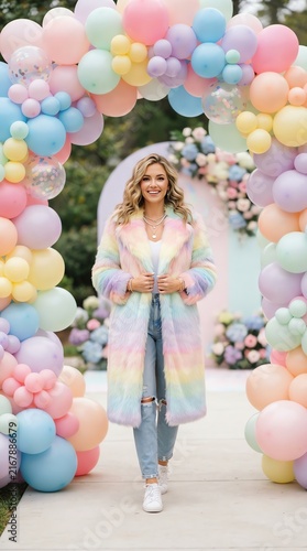 Joyful Woman Walking Through Colorful Balloon Archway Celebration.