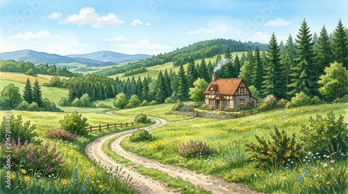 A picturesque rural landscape with a wooden house, winding dirt road, and lush greenery in the mountains.