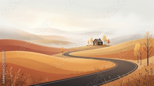 A winding road through a picturesque autumn landscape with a lone house and trees in the distance.