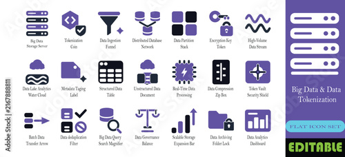 Big Data and Data Tokenization Icon Set - Server, Encryption, AI, Cloud, Analytics, Security Vector Icons