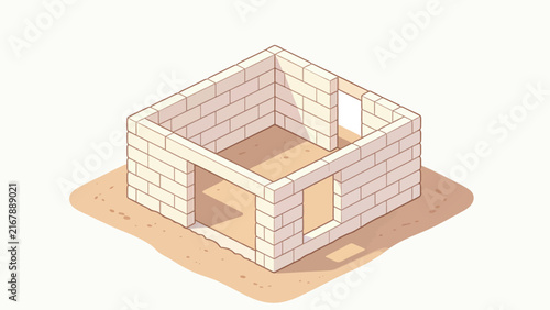 Isometric illustration of a beige brick house foundation structure under construction on sandy ground