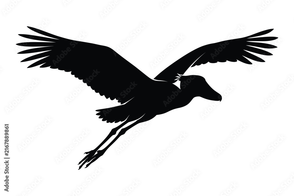 Obraz premium Shoebill stork bird flying silhouette graphic vector illustration with shoebill