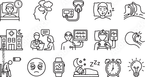 Sleep Apnea Medical Disorders and Healthcare Line Icons (53 characters)