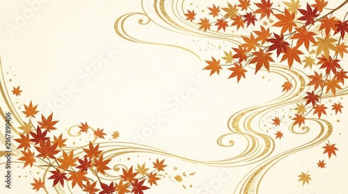 Autumn leaves with golden swirls on a beige background. The autumnal concept of nature and seasonal change.