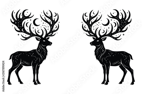 Bild auf Leinwand Majestic stag deer with large magical antlers and celestial symbols