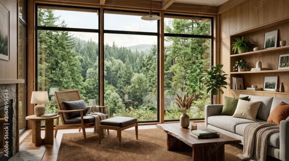 Fototapeta premium A cozy living room with a large window overlooking a forest, featuring wooden furniture, a fireplace, and a comfortable sofa.