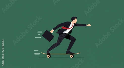 Modern businessman on skateboard speed efficiency and progress