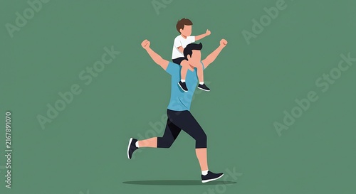 Happy person run with child on shoulders active family graphic