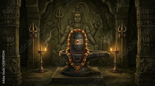Sacred Shiva Lingam Decorated with Flower Garlands, Tripundra Tilak, and Oil Lamp in Temple Interior