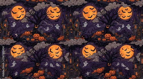 A repeating pattern displays spooky silhouettes of twisted trees along with glowing jack o lanterns and mischievous ghosts under a giant orange full moon during a mysterious dark autumn night