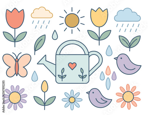 Colorful flat design illustration of botanical and nature elements.