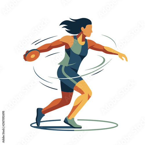 Female athlete performing discus throw during track and field event on transparent background