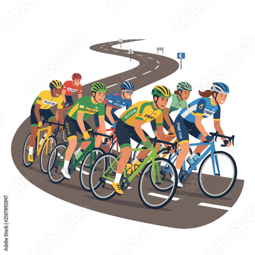 Professional cyclists racing in a peloton on a winding road during a competitive athletic event