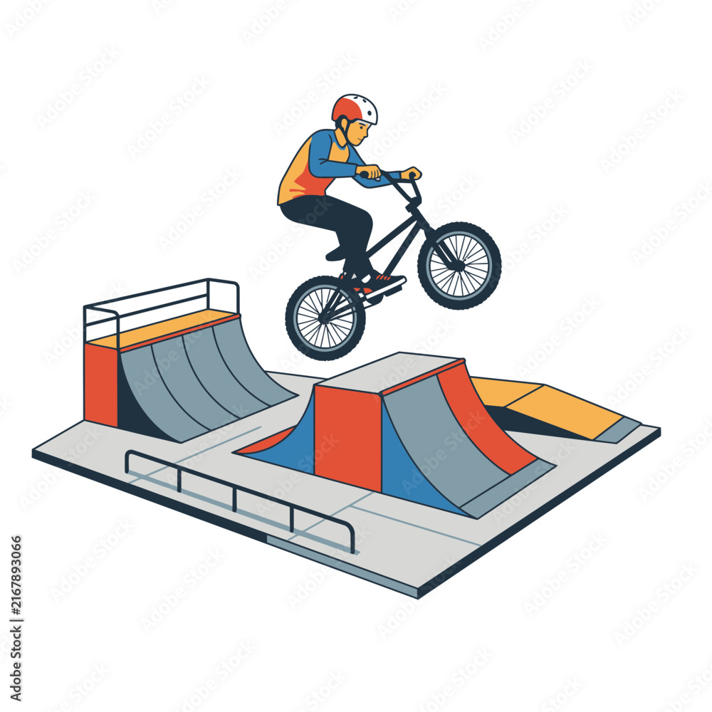 Fototapeta premium Man performing a stunt on a BMX bike over ramps at a skatepark for extreme sports training