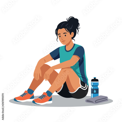 Young woman sitting on the floor resting after workout with water bottle and towel