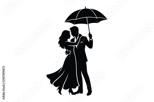 Foto Romantic couple dancing together under an umbrella silhouette with umbrella