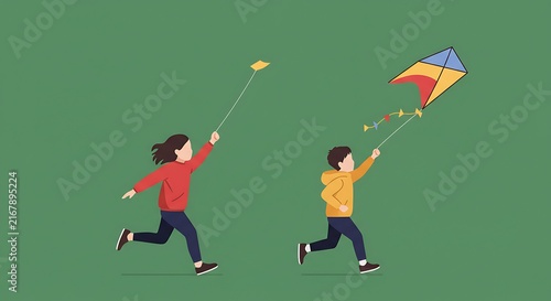 Children running with kites flat vector illustration concept