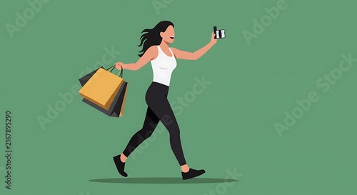Woman walking with shopping bags taking selfie illustration on green background