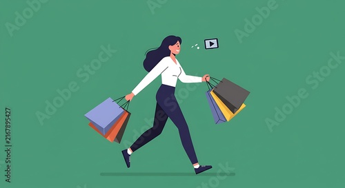 Woman enjoys shopping holding bags on green background vector graphic