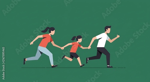 Stylized family running together hand in hand vector illustration