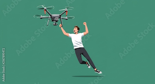 Happy man jumping with drone illustration on a green background