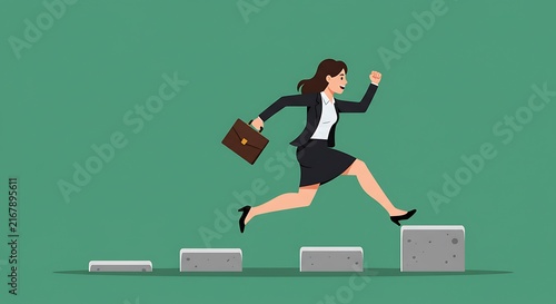 Businesswoman jumps across stepping stones for career development and success