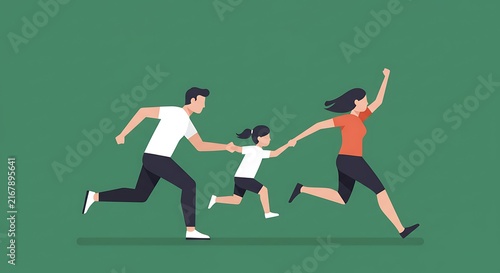 Running family vector illustration parents and child holding hands together