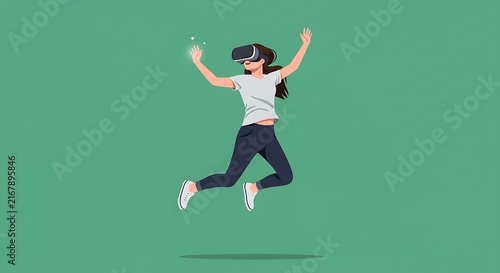 Woman jumping wearing vr headset flat vector illustration teal background