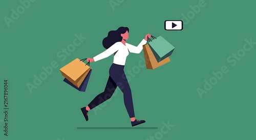 Woman running with shopping bags in modern flat illustration style
