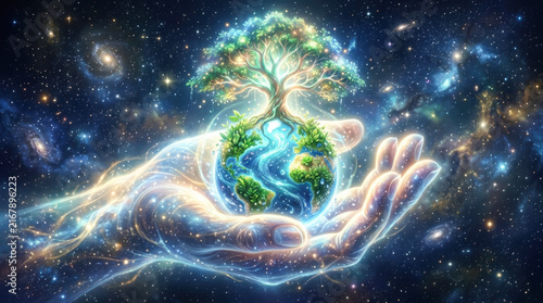 Cosmic Hand Holding Earth Tree