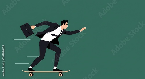 Businessman skateboarding with briefcase expressing business acumen