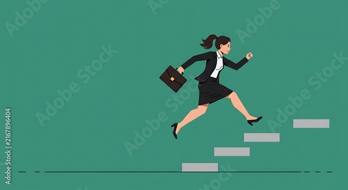 Businesswoman striding up steps representing career advancement concept