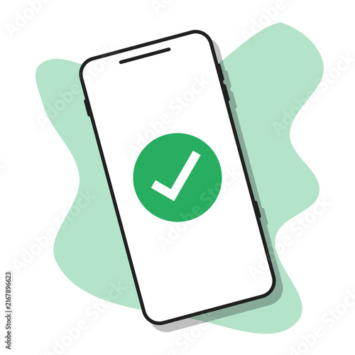 green circle check mark on smartphone screen, positive answer online mobile app