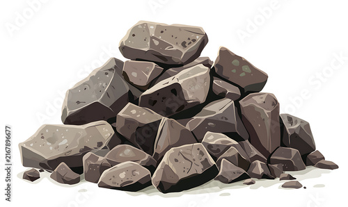 Various natural rocks and broken stone chunks isolated on white background.