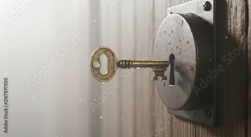 Moody close-up of an antique brass key inserted into a textured metal lock on a weathered wooden door, covered in delicate water droplets under soft atmospheric mist and backlight, ideal for concepts