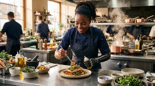Smiling female chef with prosthetic arm garnishing a gourmet dish