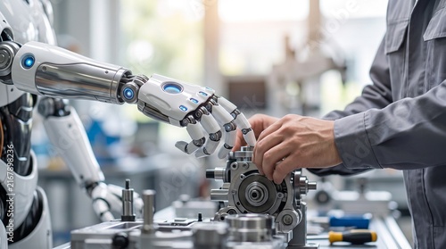 工場で機械部品を組み立てる作業員とフィジカルAIロボットの手元