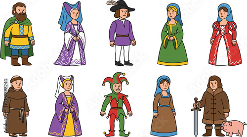 Obraz na plátne Historical medieval characters collection set including king queen knight jester