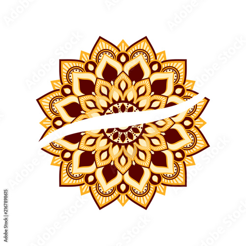 Sacred geometry mandala pattern design in yellow gold and dark brown.ai