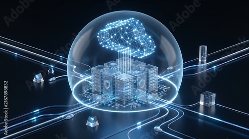 Cloud computing data security concept with digital server protection shield
