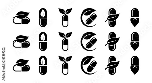 Natural Health Icons: Capsule, Leaf, and Pill Vector Set for Wellness and Pharmacy
