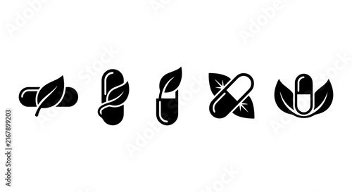 Natural Health Icons, Organic Medicine Capsules, Herbal Supplements, Wellness Symbols