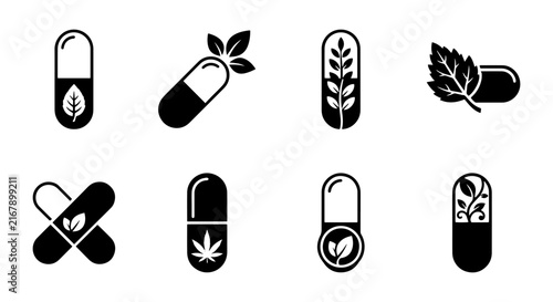 Herbal Medicine Capsules, Natural Supplements, Organic Health Icons, Vector Set