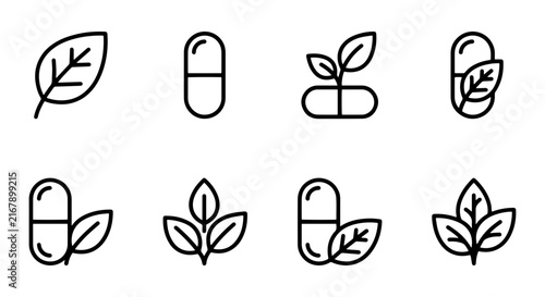 Herbal Medicine Icons, Organic Supplements, Natural Health Symbols, Leaf Pill Graphics